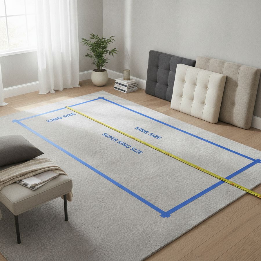 Measured bedroom floor with tape measure and marked bed footprints beside soft neutral furnishings.