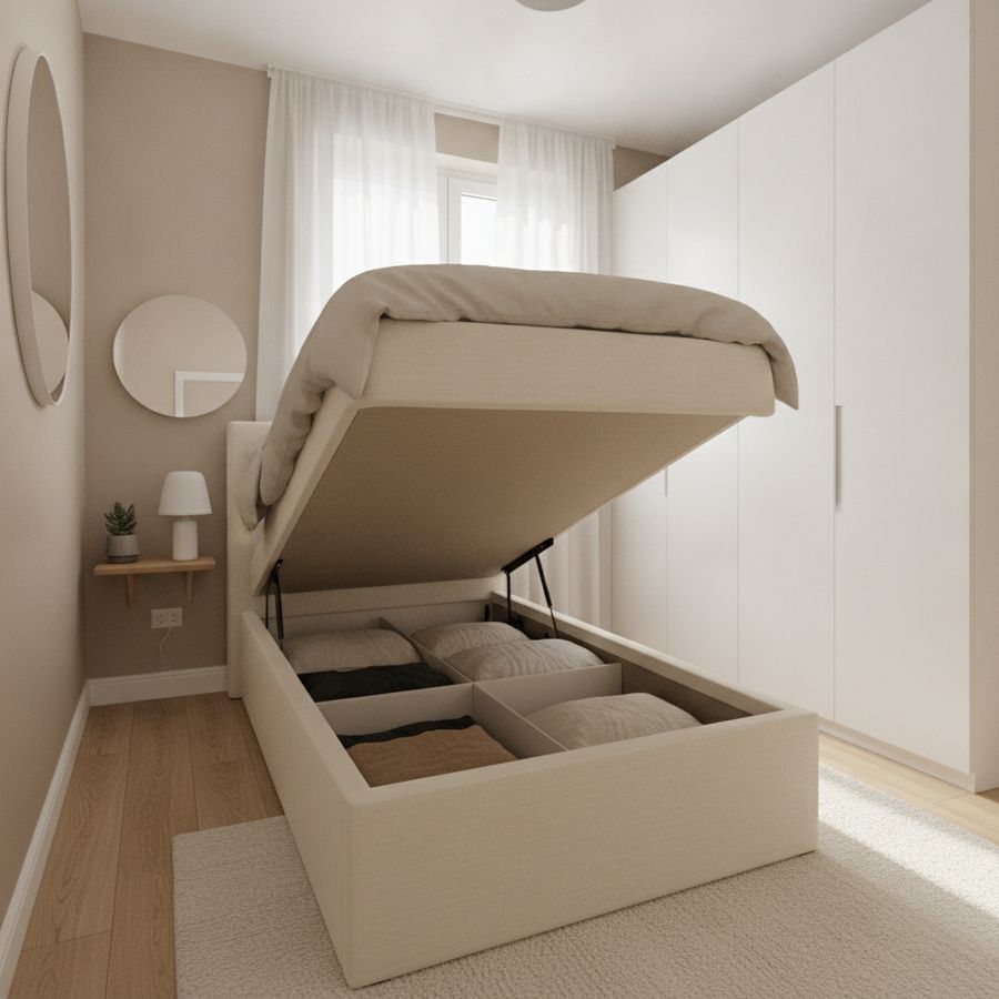 Compact bedroom with a lift-up storage bed, narrow floor space, and simple modern decor.