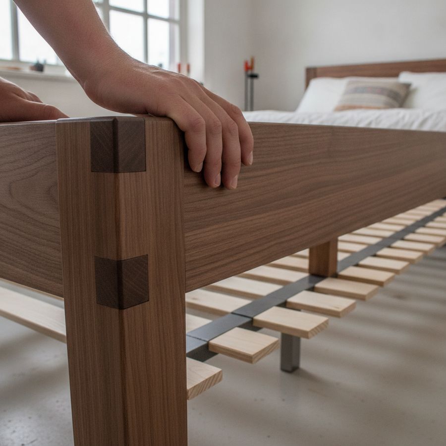 Close view of sturdy bed frame joints, support slats and smooth finish being checked by an adult.