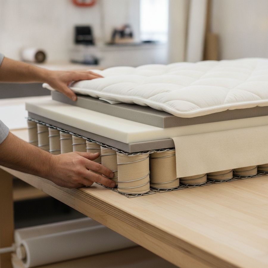 UK Mattress Prices Explained by Budget Band 2 Mattress layers with springs, foam, wool, and fabric being examined in a well-lit workshop.