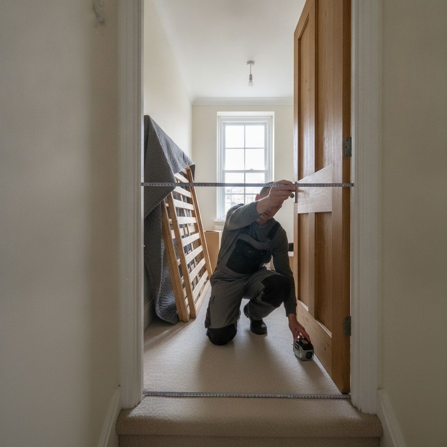 Will a King Fit? UK Bed Sizes Without Guesswork 2 Person measuring a staircase and doorway in a bright hallway with bed parts nearby.