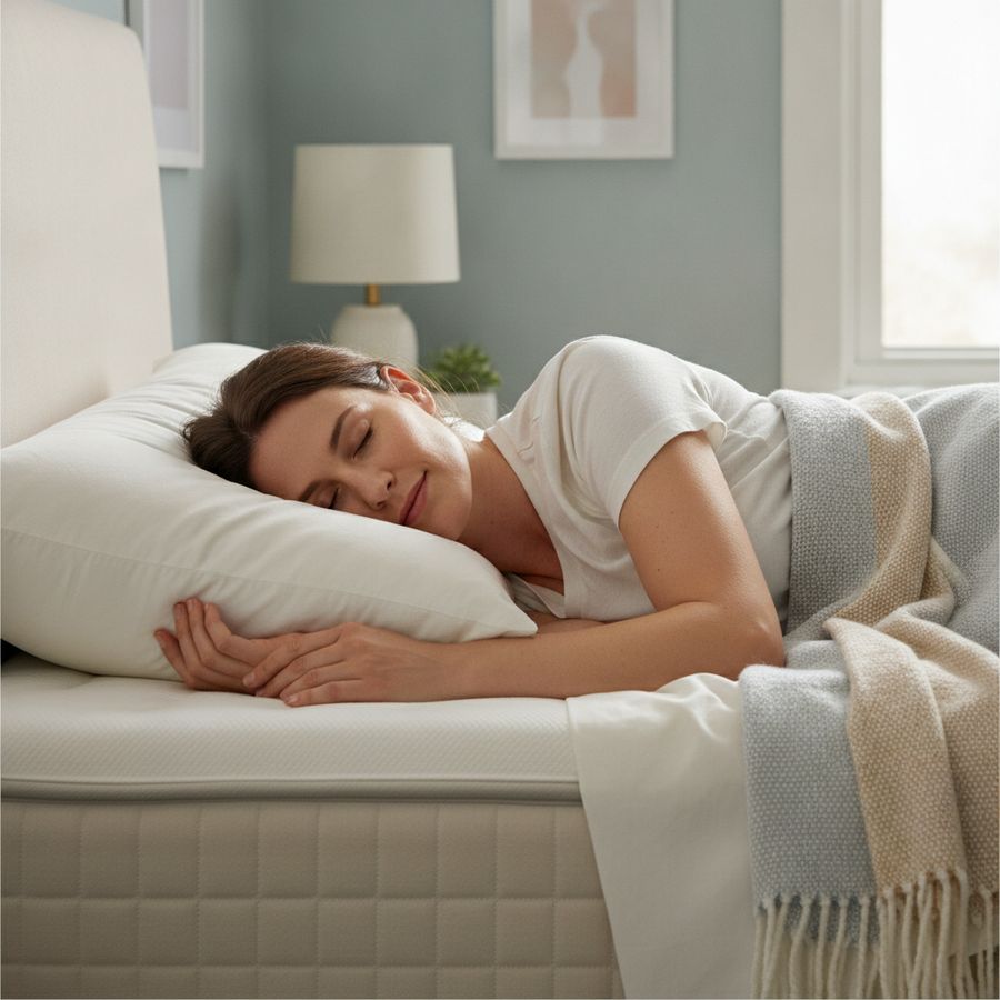 How to Choose the Right Mattress Firmness 2 A woman sleeps on her side with relaxed posture on a supportive bed in a bright bedroom.