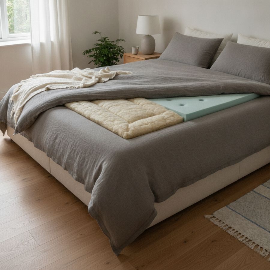 Natural Fibres vs Foam: Which Mattress Lasts Longer? 1 Neatly made bed in a bright bedroom with visible layered mattress materials and soft natural light.