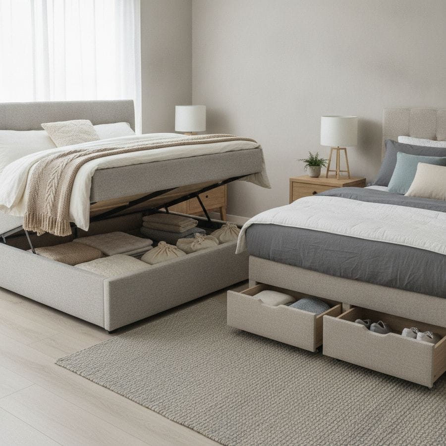 Bright bedroom with an ottoman bed lifted beside a divan bed with drawers open.