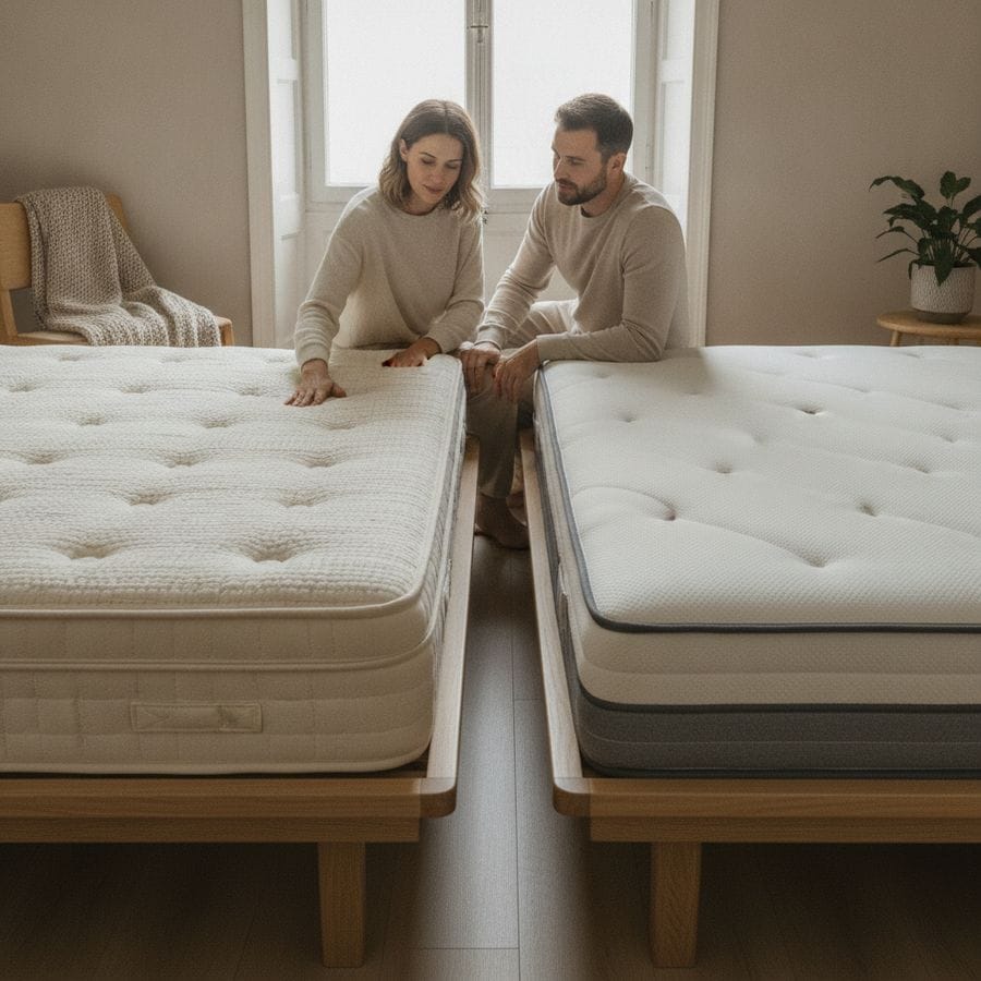Natural vs Foam Mattress Fillings on a Budget 1 Two mattresses side by side in a bright bedroom as a couple compares materials and comfort.