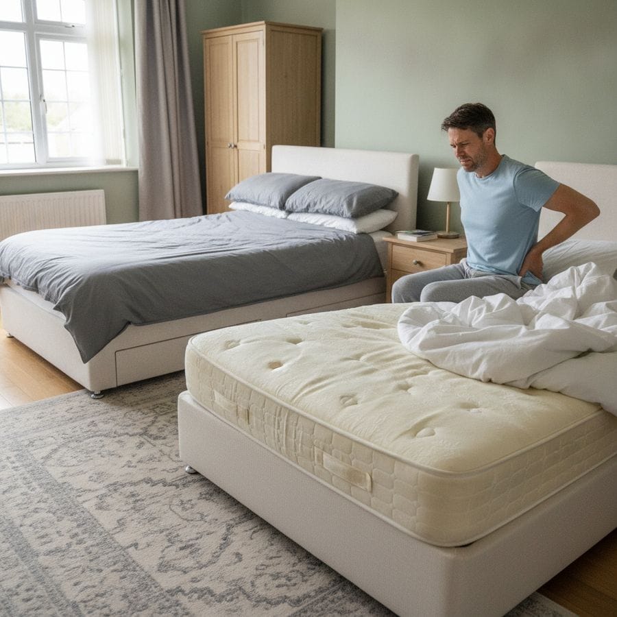 Can a Cheap Mattress Cause Back Pain in the UK? 1 Adult in a UK bedroom comparing a sagging mattress and a supportive mattress for back pain