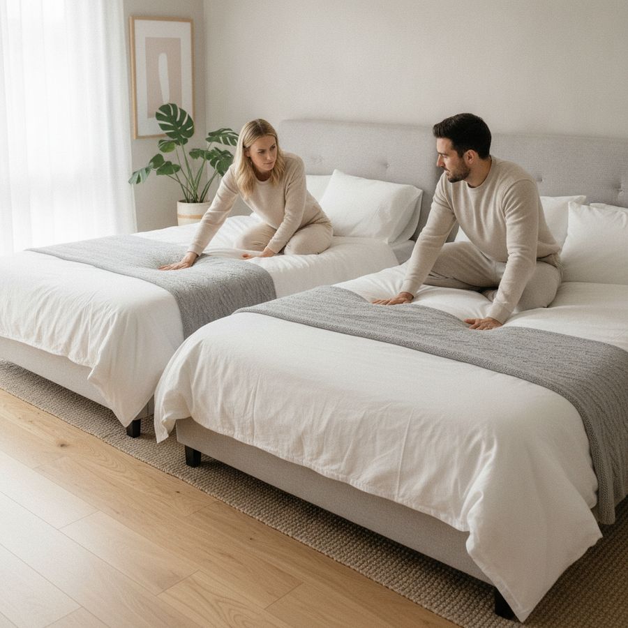 How to Choose the Right Mattress Firmness 1 A couple compares two mattresses in a bright, tidy bedroom with soft daylight and neutral decor.