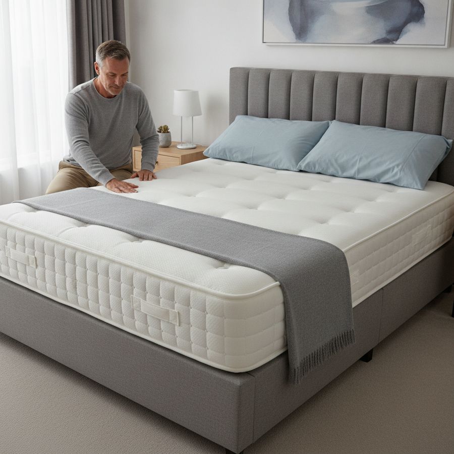 Well-lit bedroom with an adult testing the edge of a firm mattress on an upholstered bed.
