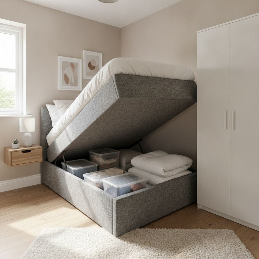 Compact bedroom with an ottoman bed open, showing neatly stored bedding and boxes.