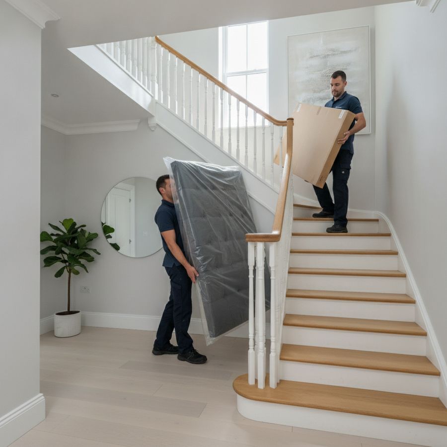 Delivery team carrying flat-packed bed parts and a tall upholstered headboard up a bright stairway.