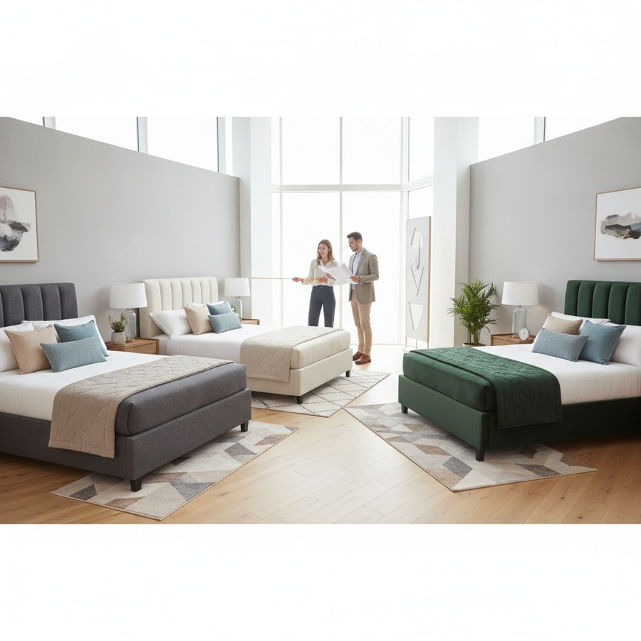 Will a King Size Fit? UK Bed Sizes Explained 1 Couple measures space between several upholstered beds in a bright modern bedroom showroom.