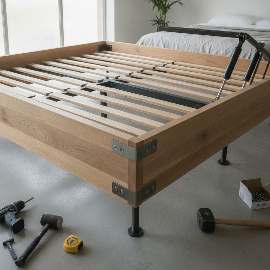 Close view of sturdy slats, centre rail, fixings, and lift mechanism on a well-built bed frame.
