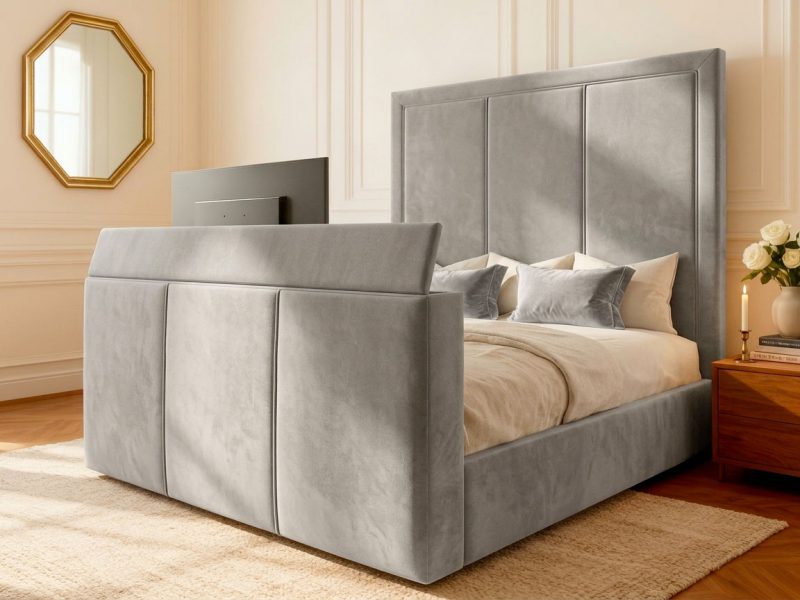 Bellagio TV Bed tv bed with full-width ottoman storage base lifted, showing the storage cavity