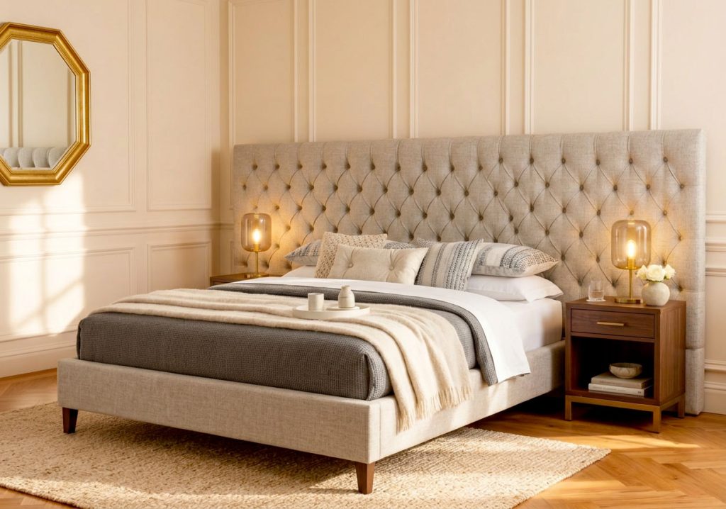 Harewood Chesterfield ottoman bed with extended wall-width buttoned headboard in oatmeal linen, in a cream panelled bedroom