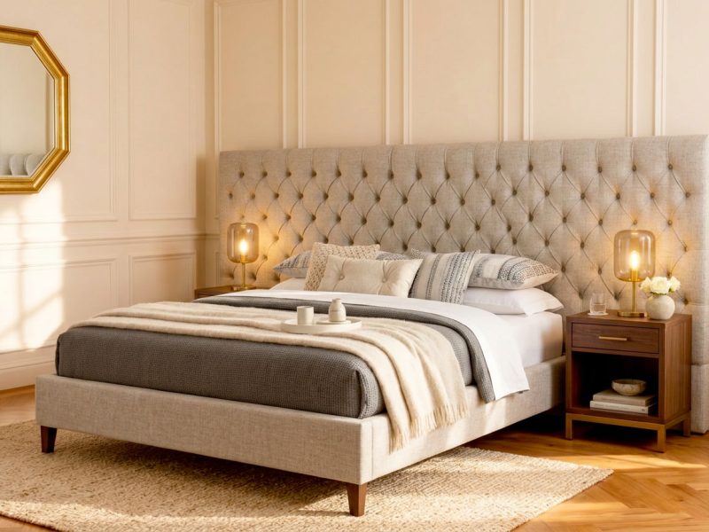 Harewood Chesterfield ottoman bed with extended wall-width buttoned headboard in oatmeal linen, in a cream panelled bedroom