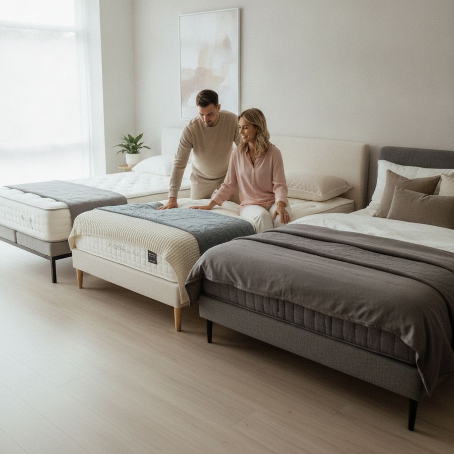 UK Mattress Prices Explained by Budget Band 1 Couple comparing three mattresses in a bright modern bedroom showroom with soft neutral decor.