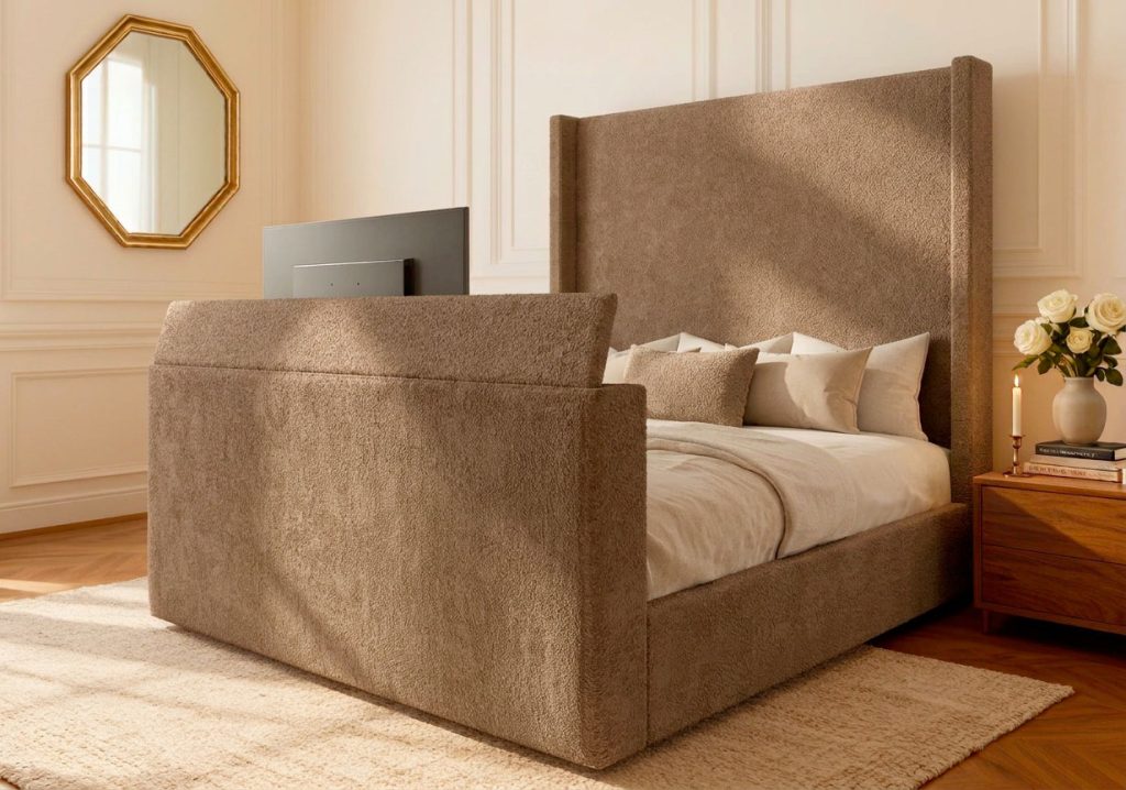 Amalfi TV Bed tv bed with full-width ottoman storage base lifted, showing the storage cavity