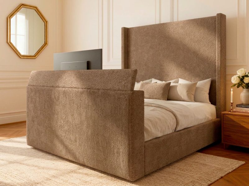 Amalfi TV Bed tv bed with full-width ottoman storage base lifted, showing the storage cavity