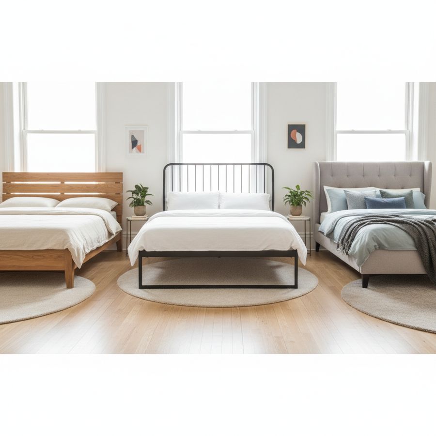 Three bed styles in a bright modern bedroom: wood, metal, and upholstered frames with neat bedding.