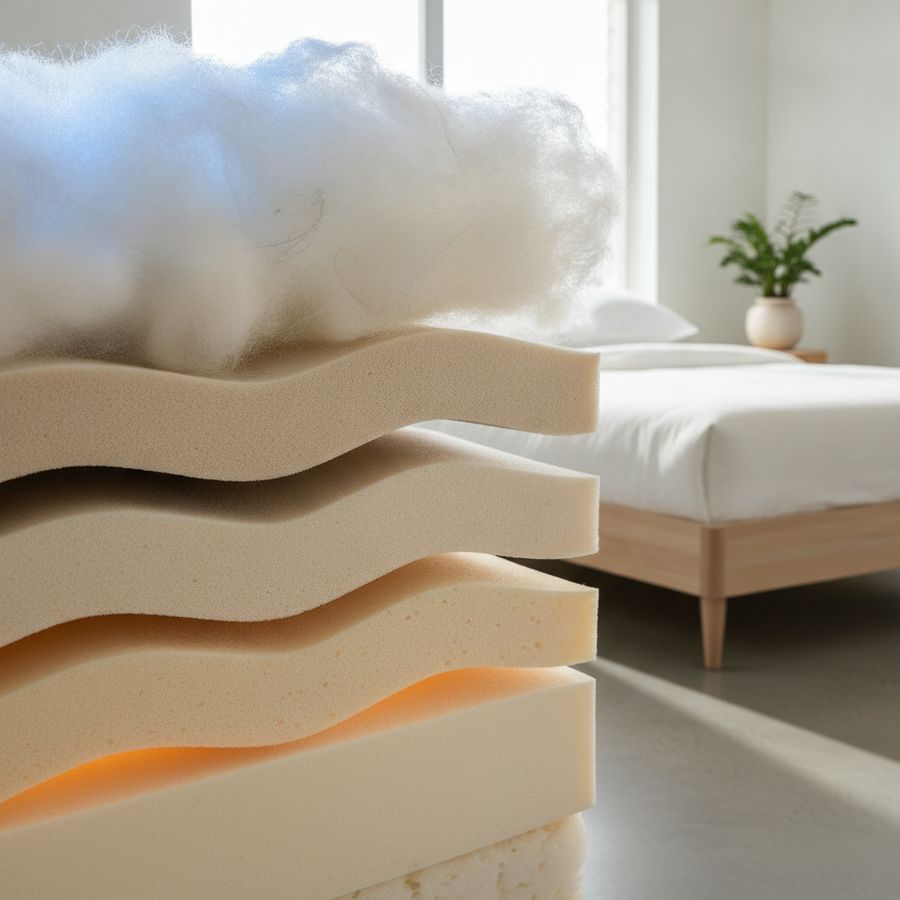 Natural Fibres vs Foam: Which Mattress Lasts Longer? 2 Close view of layered mattress materials in a bright room, showing airy fibres beside denser foam.