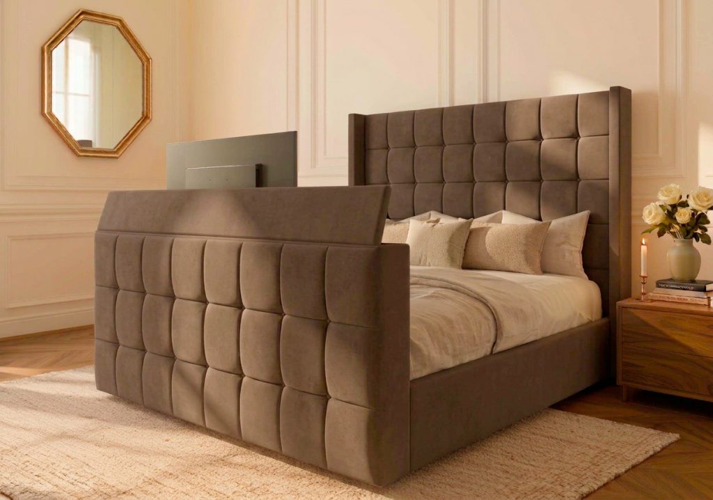 Bolton Abbey TV Bed tv bed with truffle dumfries straight headboard in a modern bedroom