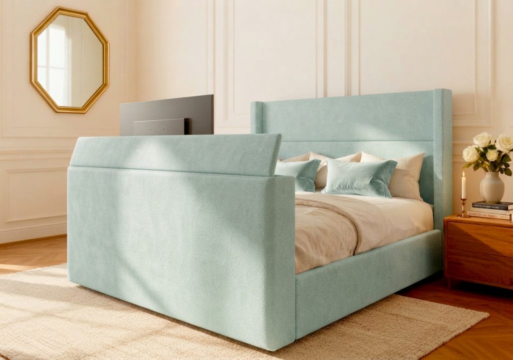 Bridlington TV Bed tv bed footboard with integrated tv lift raised, chenille duck egg finish