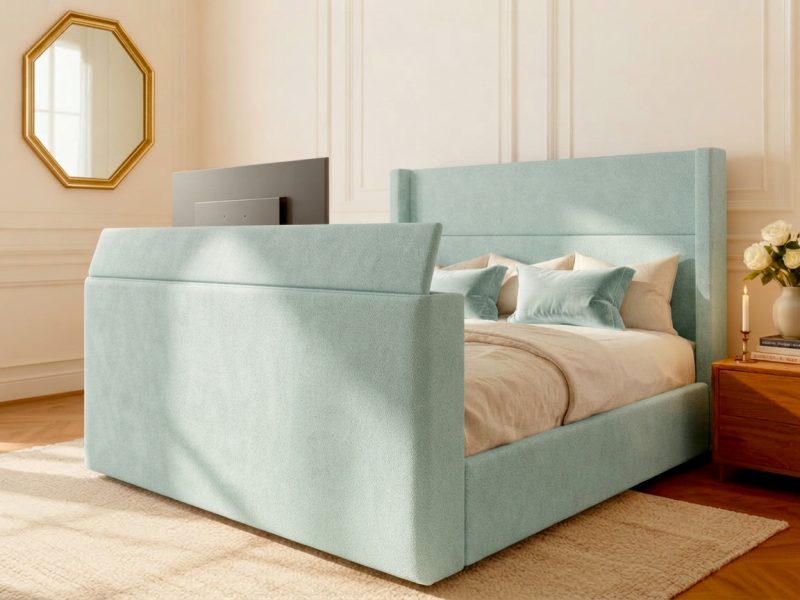 Bridlington TV Bed tv bed footboard with integrated tv lift raised, chenille duck egg finish