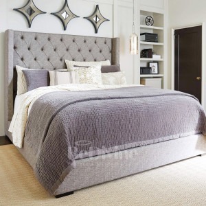 Upholstered Wing back bed with mattress and Floor standing Headboard