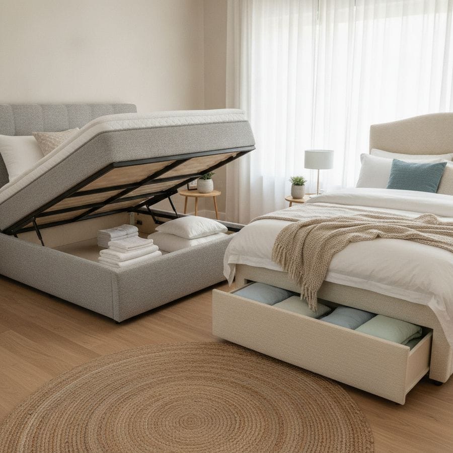 Bright bedroom with an upholstered lift-up bed beside a drawer base, neatly styled in soft neutral tones.