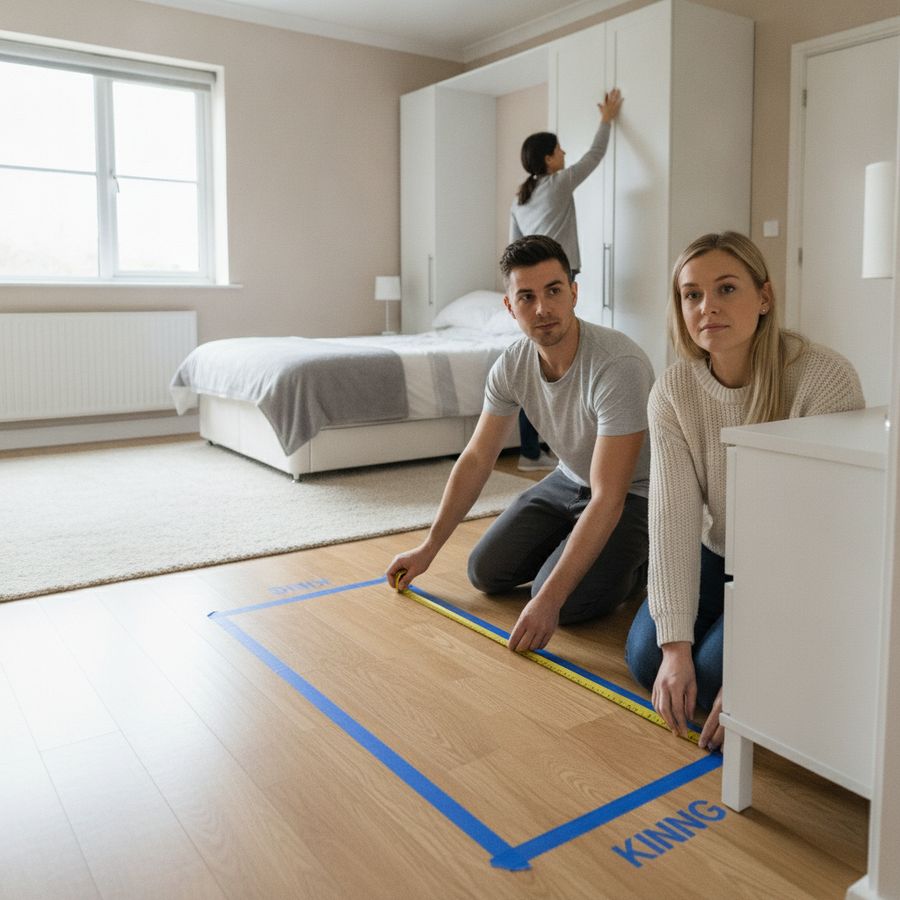 Will a King Fit? UK Bed Sizes Without Guesswork 1 Couple measuring a bright bedroom floor beside a wardrobe and bedside tables with a tape measure.