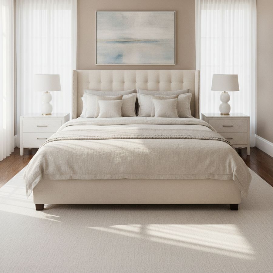 Will a King Size Fit? UK Bed Sizes Explained 2 Spacious master bedroom with a large upholstered bed, wide walkways and soft morning light.