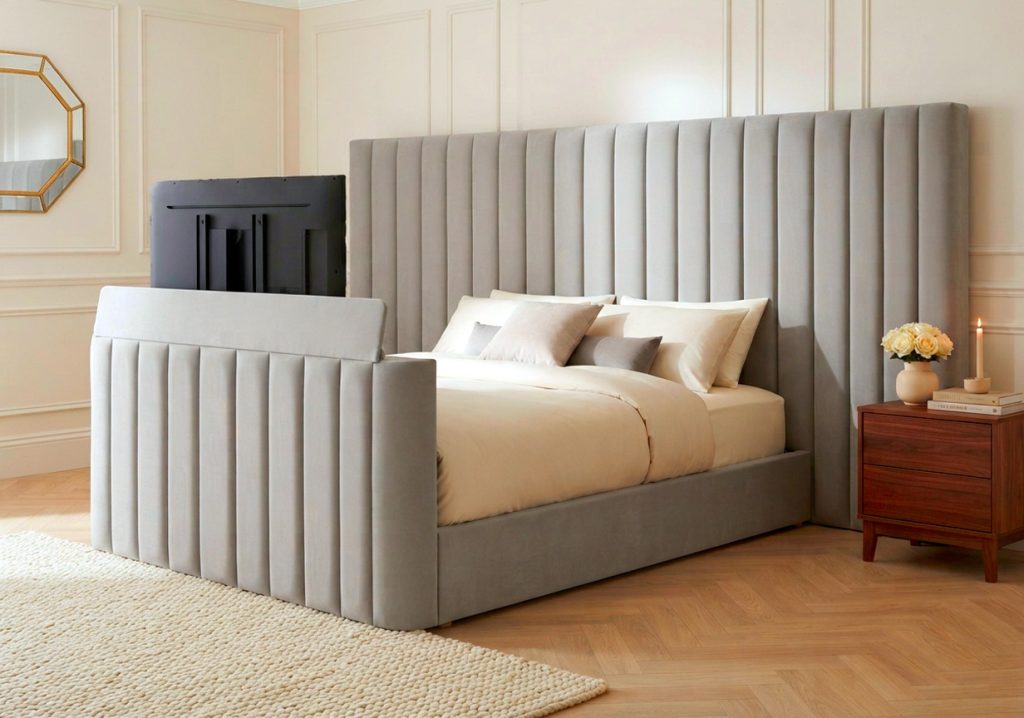Capri TV Bed with stone plush fluted headboard and matching footboard in a modern bedroom