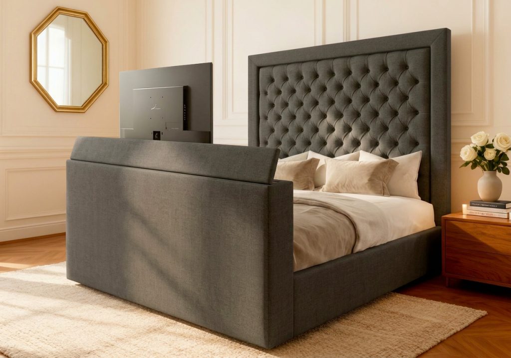 Chatsworth TV Bed tv bed with pewter dumfries straight headboard in a modern bedroom