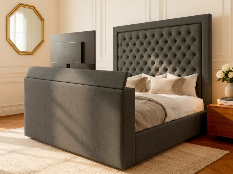 Chatsworth TV Bed tv bed with pewter dumfries straight headboard in a modern bedroom