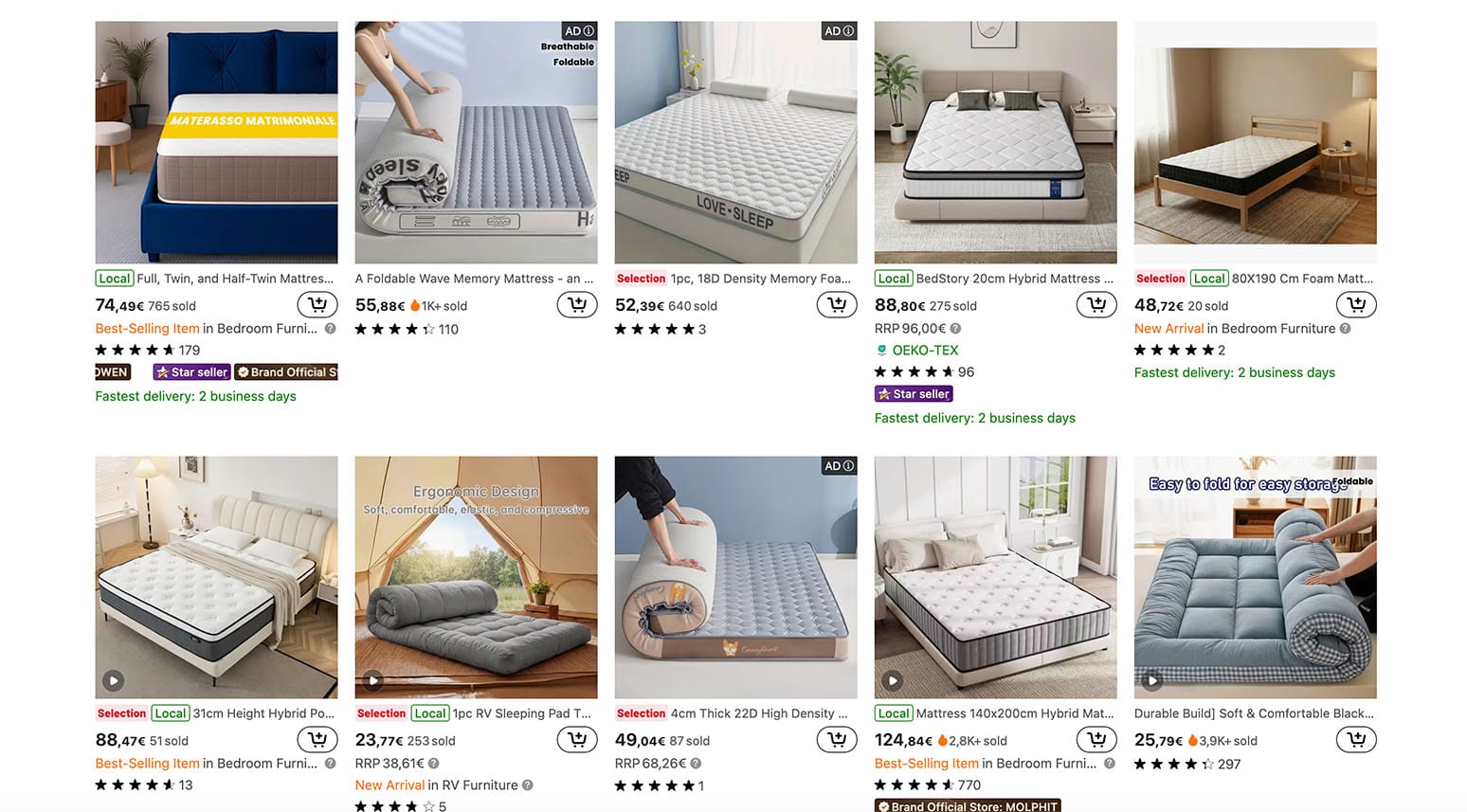Various cheap mattresses with ratings and prices