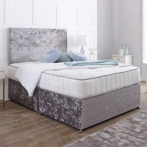 Crystal divan bed frame with mattress and Two same side storage drawer and two round pillow on