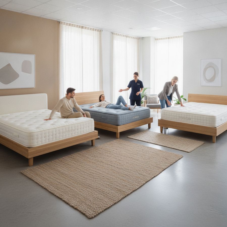 Bright showroom with shoppers comparing several mattresses on simple bed bases with a consultant nearby.