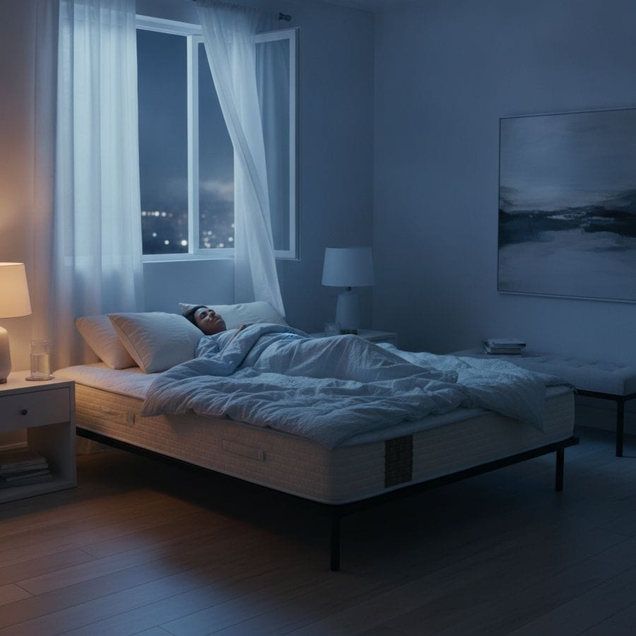 Natural vs Foam Mattress Fillings on a Budget 2 Cool, airy bedroom with a sleeper resting on a breathable mattress under light bedding.