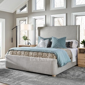 Wing back bed frame with mattress and floor standing headboard in Grey