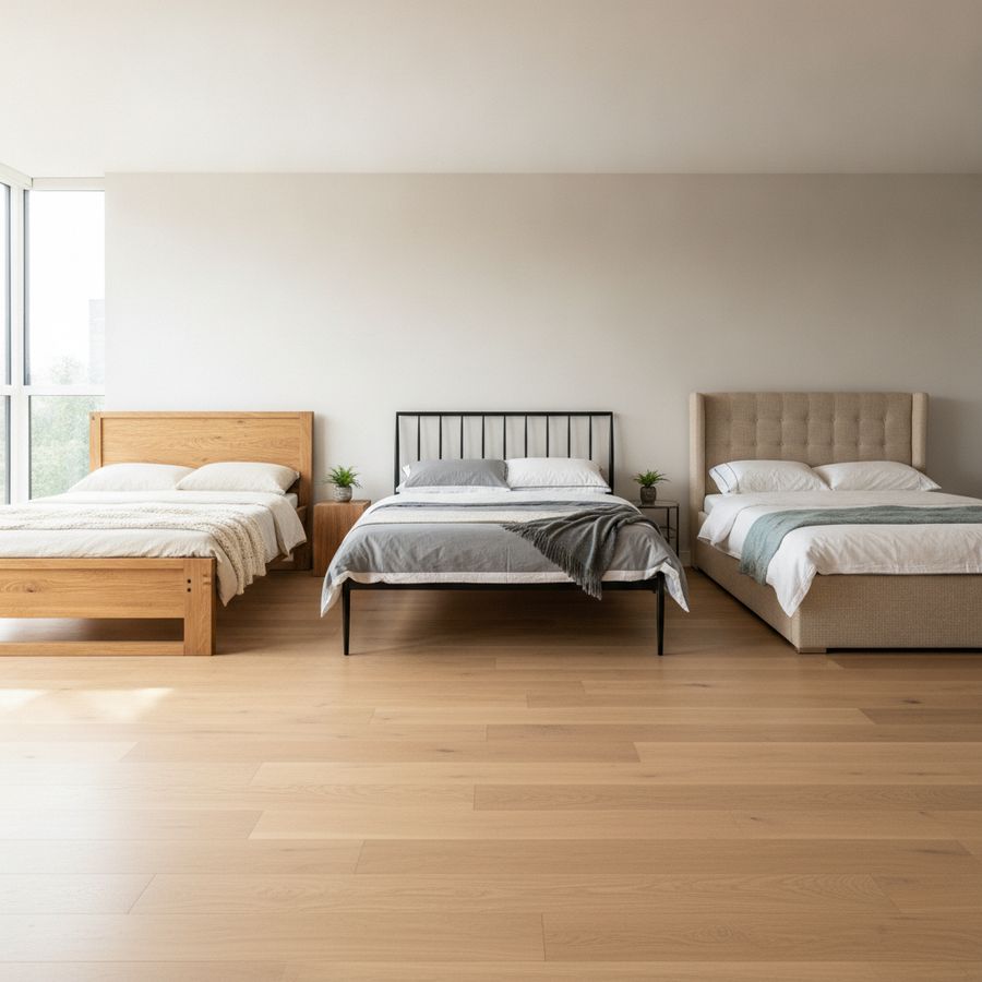 Three bed frames in wood, metal and fabric stand in a bright modern bedroom with soft natural light.