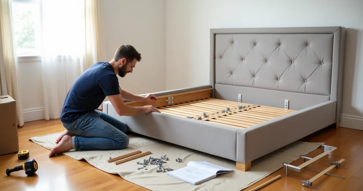 Man assembling a bed frame indoors.
