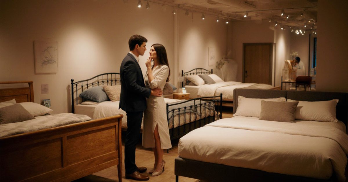 Couple discussing beds in showroom.