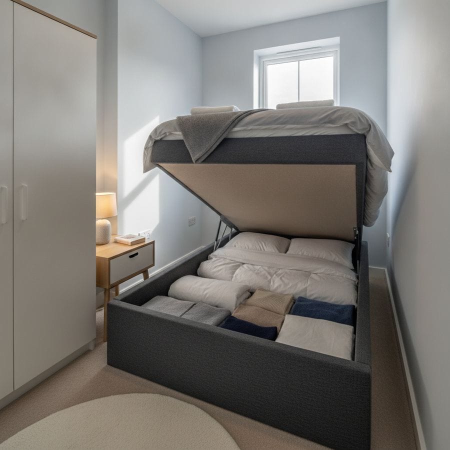 Compact bedroom with a lift-up storage bed open, showing neatly arranged bedding in a bright tidy space.