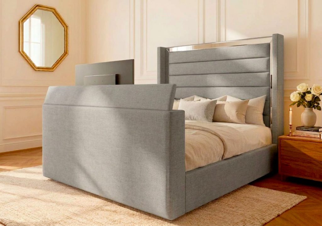 Harrogate TV Bed tv bed with grey naples straight headboard in a modern bedroom