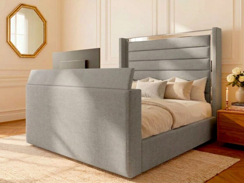 Harrogate TV Bed tv bed with grey naples straight headboard in a modern bedroom