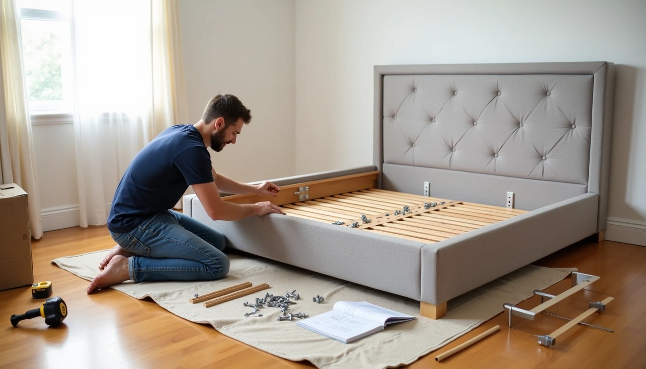 Man assembling a bed frame indoors.