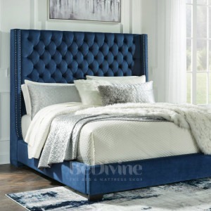 Upholstered Wing Back Bed with mattress and Floor standing headboard with beading on it