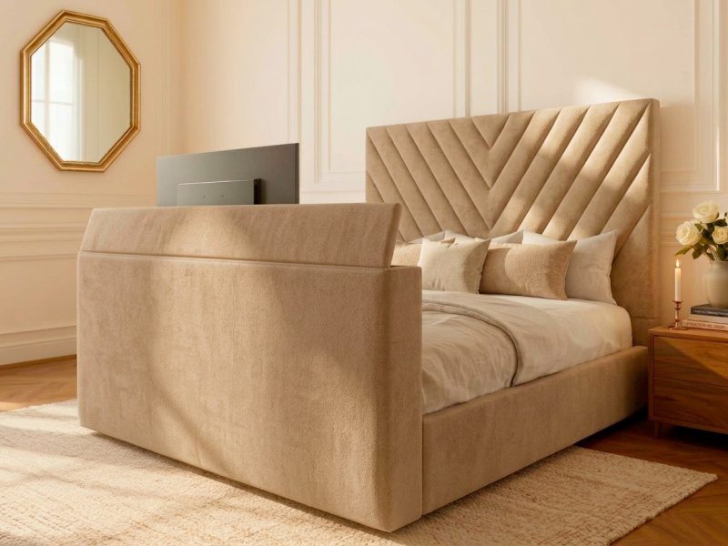 Ilkley TV Bed tv bed with biscuit plush straight headboard in a modern bedroom