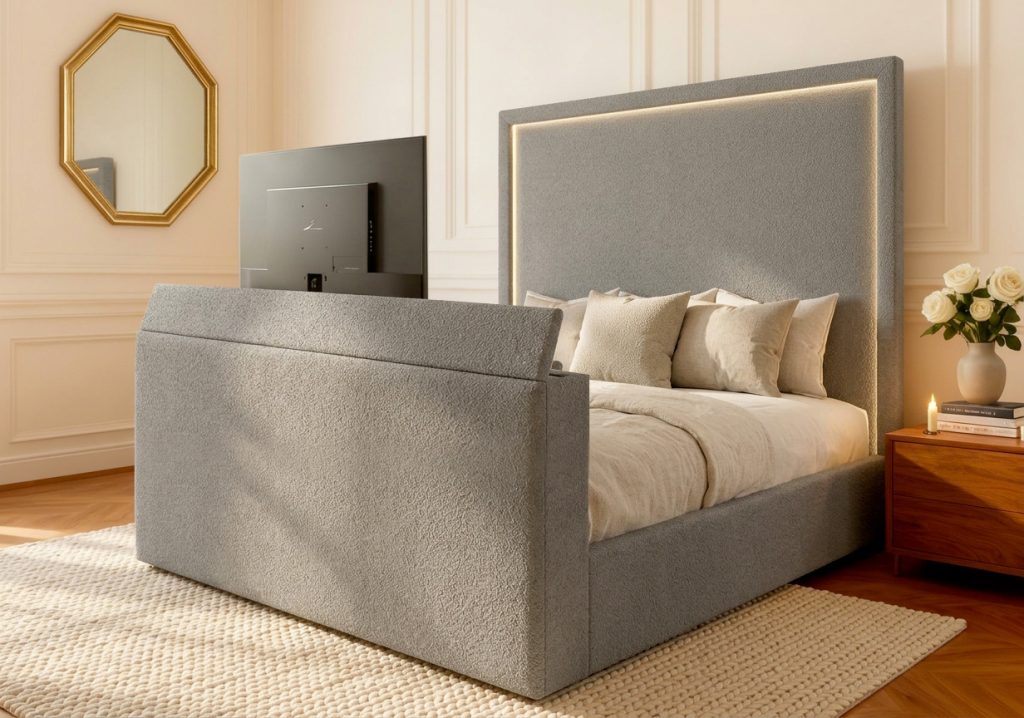Lucca TV Bed tv bed with steel boucle straight headboard in a modern bedroom