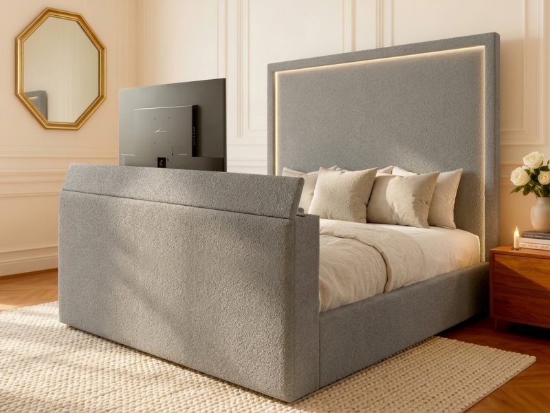 Lucca TV Bed tv bed with steel boucle straight headboard in a modern bedroom